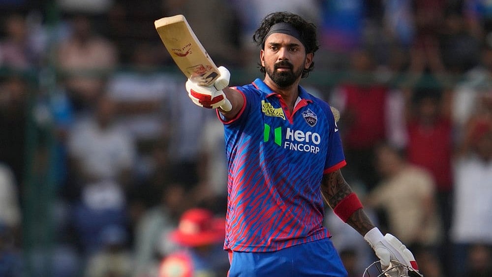 Delhi Capitals' KL Rahul celebrates his century during the Indian Premier League cricket match between Delhi Capitals and Punjab Kings in New Delhi. - | Photo: AP/Manish Swarup