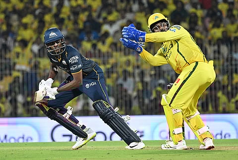 Gujarat Titans' Sai Sudharsan plays a shot during the Indian Premier League cricket match between Chennai Super Kings and Gujarat Titans in Chennai.