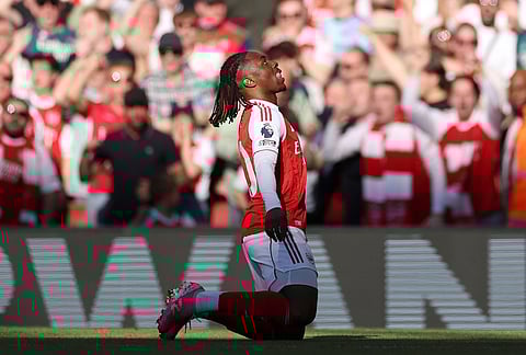 Arsenal's Eberechi Eze celebrates after scoring the opening goal during the English Premier League soccer match between Arsenal and Newcastle United in London.
