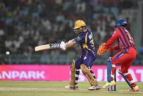 Kolkata Knight Riders' Rinku Singh plays a shot during the Indian Premier League cricket match between Kolkata Knight Riders and Lucknow Super Giants in Lucknow.