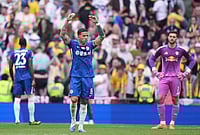 Chelsea Vs Leeds United, FA Cup 2025-26 Semi-Final Live: Best Photos From Wembley Stadium | Photo: AP/Alastair Grant : Chelsea's Enzo Fernandez celebrates at the the end of the FA Cup semifinal soccer match between Chelsea and Leeds in London, England.
