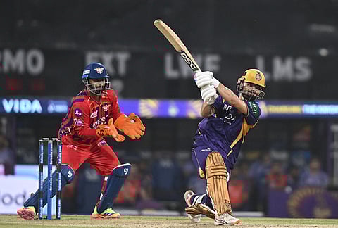 Kolkata Knight Riders' Rinku Singh plays a shot during the Indian Premier League cricket match between Kolkata Knight Riders and Lucknow Super Giants in Lucknow.