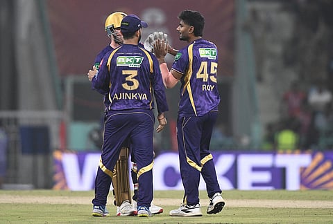 Kolkata Knight Riders' Anukul Roy, right, celebrates with teammates the wicket of Lucknow Super Giants' Mukul Choudhary during the Indian Premier League cricket match between Kolkata Knight Riders and Lucknow Super Giants in Lucknow.