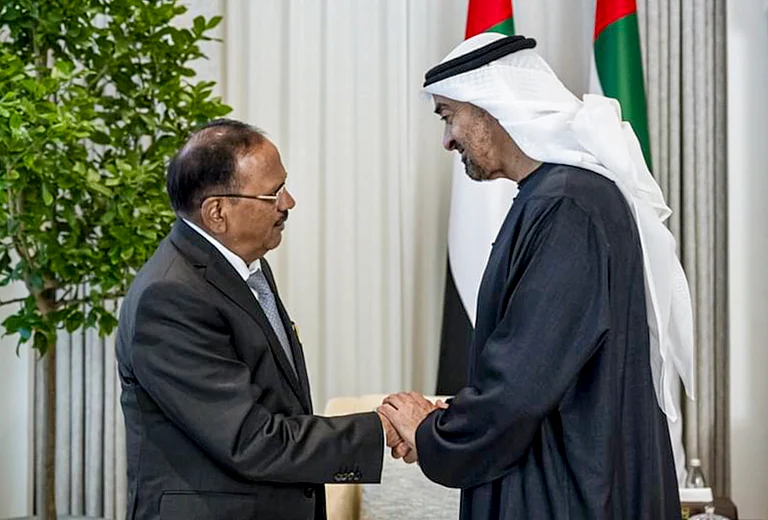 In this image posted on April 26, 2026, National Security Advisor Ajit Doval with UAE President Mohammed bin Zayed Al Nahyan during a meeting, in UAE. - PTI