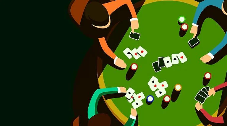 Cartoon people playing poker at a green table - null