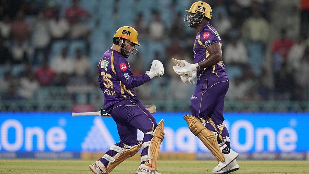 Kolkata Knight Riders' Rinku Singh, left, and Rovman Powell celebrate after winning the Indian Premier League (IPL) 2026 T20 cricket match between Lucknow Super Giants and Kolkata Knight Riders in a super over, in Lucknow, Uttar Pradesh. - | Photo: PTI/Kamal Kishore