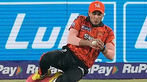 | Photo: AP/Mahesh Kumar A. : Sunrisers Hyderabad's Abhishek Sharma takes the catch to dismiss Delhi Capitals' Nitish Rana during the Indian Premier League cricket match between Sunrisers Hyderabad and Delhi Capitals in Hyderabad.