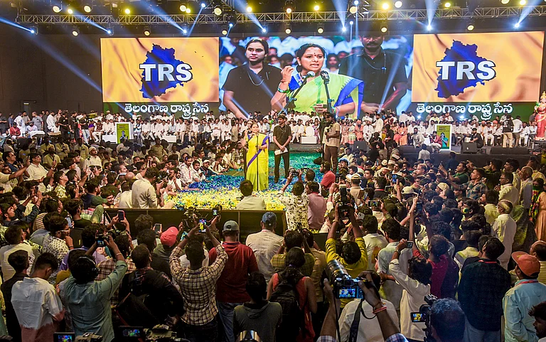Former Telangana Chief Minister K Chandrasekhar Rao's daughter, K Kavitha, centre, addresses the formation of her new political party 'Telangana Rashtra Sena' (TRS), at Munirabad, in Medchal district, Saturday, April 25, 2026 - PTI