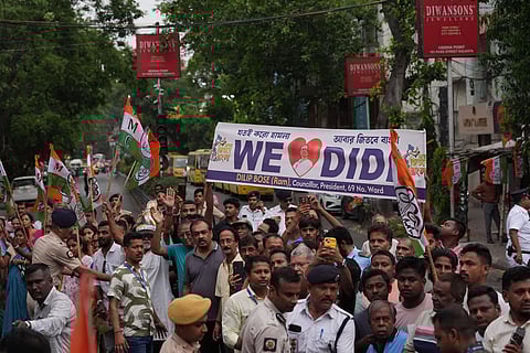 Supporters during a roadshow led by West Bengal Chief Minister and Trinamool Congress supremo Mamata Banerjee amid the ongoing West Bengal Assembly elections, in Kolkata.