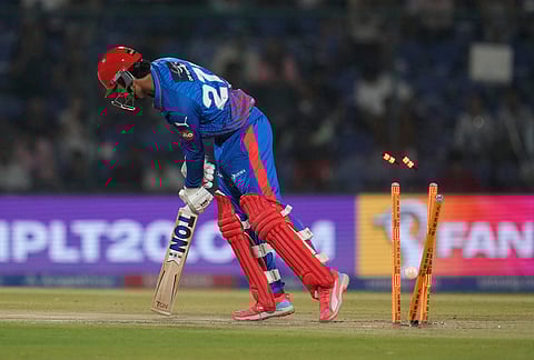 Delhi Capitals' Sahil Parakh bowled out by Royal Challengers Bengaluru's Bhuvneshwar Kumar during the Indian Premier League cricket match between Delhi Capitals and Royal Challengers Bengaluru in Delhi.