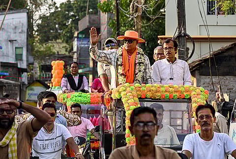 BJP candidate from Santipur constituency, Swapan Kumar Das, campaigns for the West Bengal Assembly elections, in Nadia.