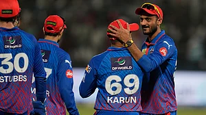 | Photo: AP/Manish Swarup : Delhi Capitals' Karun Nair, second from right, celebrates with captain Axar Patel after takes the catch to dismiss Punjab Kings' Nehal Wadhera during the Indian Premier League cricket match between Delhi Capitals and Punjab Kings in New Delhi, India, Saturday, April 25, 2026.