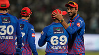 DC Vs RCB, IPL 2026: Check Delhi Hourly Weather Forecast For Today’s Indian Premier League Match 39 | Photo: AP/Manish Swarup : Delhi Capitals' Karun Nair, second from right, celebrates with captain Axar Patel after takes the catch to dismiss Punjab Kings' Nehal Wadhera during the Indian Premier League cricket match between Delhi Capitals and Punjab Kings in New Delhi, India, Saturday, April 25, 2026.