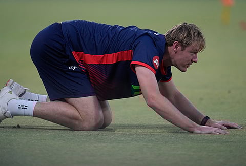 Delhi Capitals' Kyle Jamieson warm ups before the Indian Premier League cricket match between Delhi Capitals and Royal Challengers Bengaluru in Delhi.