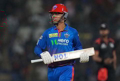 Delhi Capitals' Sahil Parakh leaves the ground after losing his wicket during the Indian Premier League cricket match between Delhi Capitals and Royal Challengers Bengaluru in Delhi.