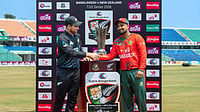 X/BCBtigers : Both captains unveil the T20 trophy between Bangladesh and New Zealand.
