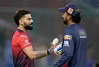DC Vs RCB, IPL 2026: See Best Photos From Indian Premier League Match 39 At Delhi's Arun Jaitley Stadium | Photo: AP/Manish Swarup : Royal Challengers Bengaluru's Virat Kohli, left, and Delhi Capitals' KL Rahul chat during warm ups before the start of the Indian Premier League cricket match between Delhi Capitals and Royal Challengers Bengaluru in Delhi.