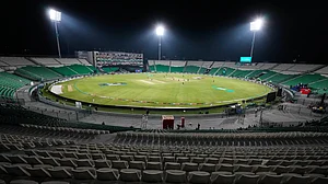 | Photo: AP/K.M. Chaudary : A view of the Gaddafi Stadium, where opening cricket match of the Pakistan Super League between Lahore Qalandars and Hyderabad Kingsmen, is taking place without spectators, in Lahore, Pakistan, March 26, 2026.