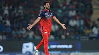 IPL/X : Bhuvneshwar Kumar celebrates a wicket during DC vs RCB IPL 2026 match at the Arun Jaitley Stadium in Delhi. 