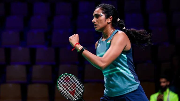 PV Sindhu celebrating a point against Denmark in Uber Cup 2026. - BAI_Media/X