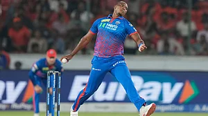 AP/Mahesh Kumar A. : Lungi Ngidi bowls during the Indian Premier League match between Sunrisers Hyderabad and Delhi Capitals in Hyderabad.