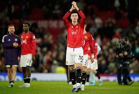 Manchester United's Benjamin Sesko walks off the pitch afterthe Premier League soccer match between Manchester United and Brentford in Manchester, England.