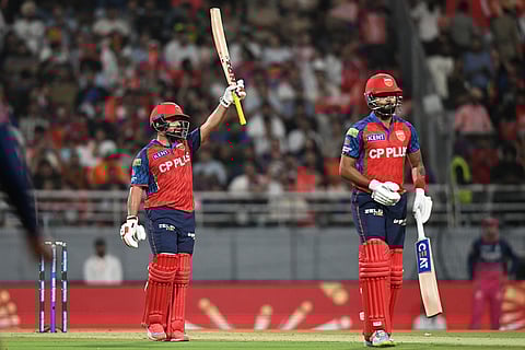 Punjab Kings' Prabhsimran Singh, left, celebrates his fifty runs as Punjab Kings' captain Shreyas Iyer looks on during the Indian Premier League cricket match between Rajasthan Royals and Punjab Kings in New Chandigarh, India, Tuesday, April 28, 2026.()