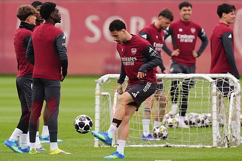 Arsenal's Gabriel Martinelli during a training session in London.