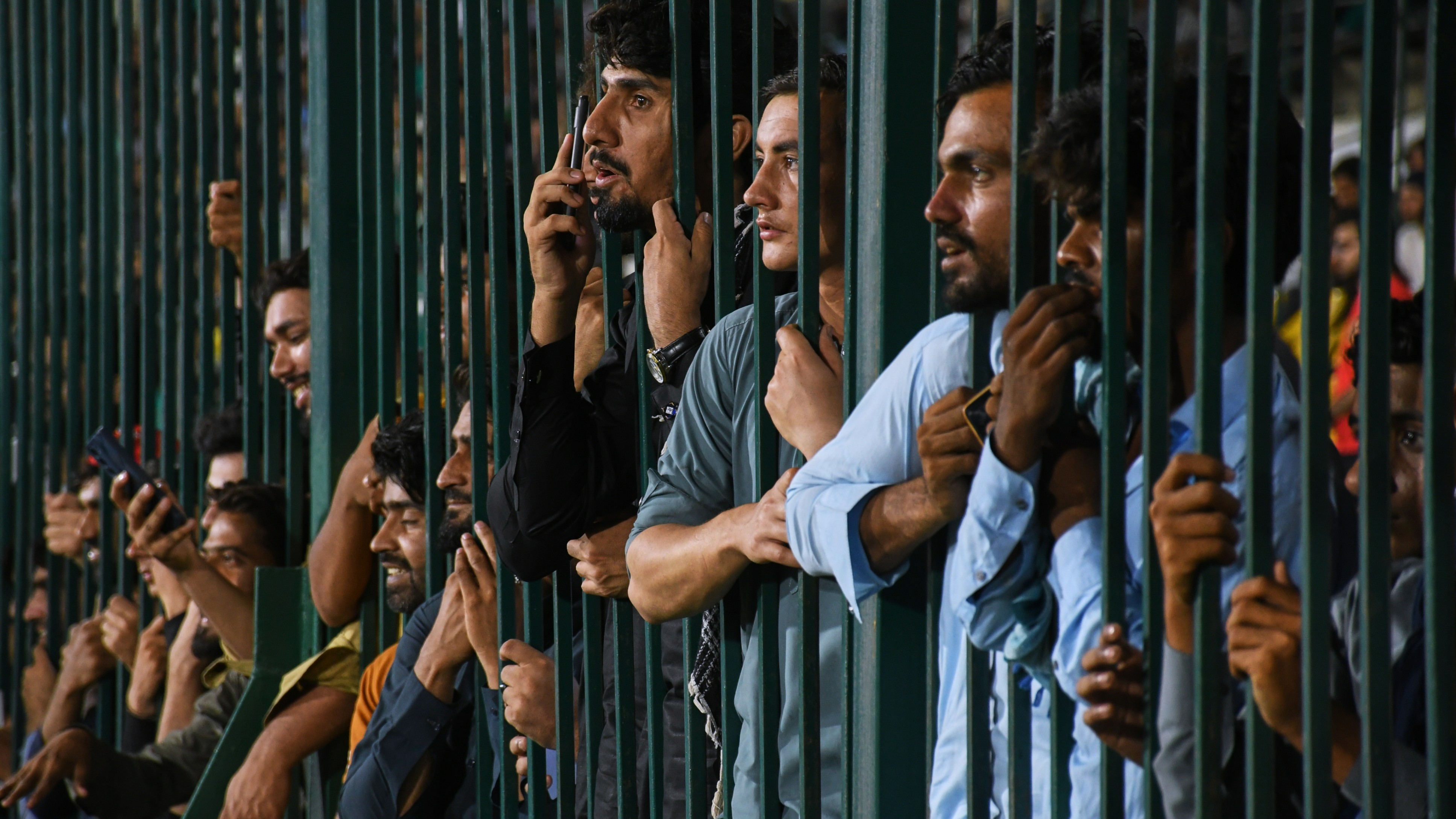 Fans cheer during the Pakistan Super League Qualifier cricket match between Peshawar Zalmi and Islamabad United, in Karachi, Pakistan, Tuesday, April 28, 2026.