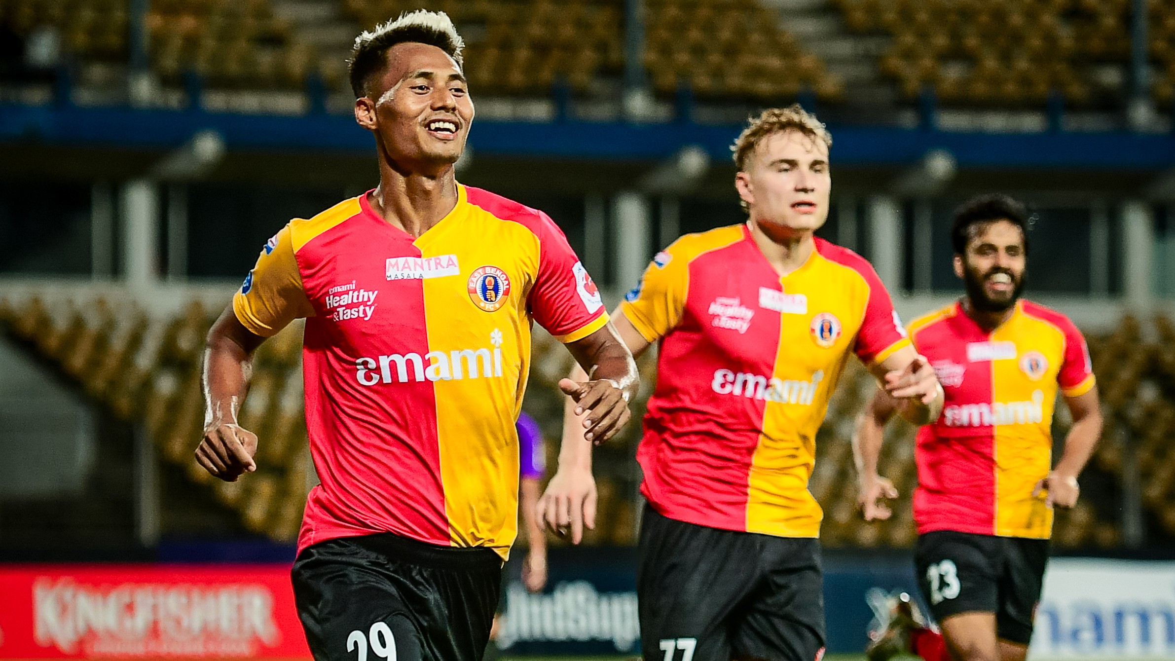 East Bengal footballers celebrate a goal against Odisha FC in ISL 2025-26 clash at Goa. - IndSuperLeague/X