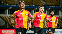 IndSuperLeague/X : East Bengal footballers celebrate a goal against Odisha FC in ISL 2025-26 clash at Goa. 