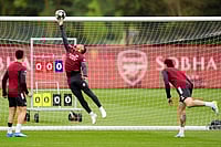 | Photo: John Walton/PA via AP : Arsenal's Gabriel Jesus saves during a training session in London.