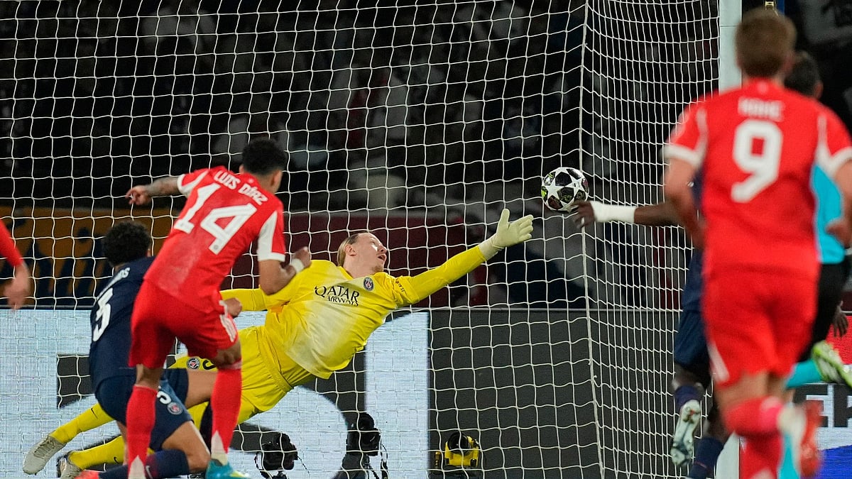 Bayern's Luis Diaz scores his side's fourth goal against PSG's goalkeeper Matvey Safonov during the Champions League semifinal first leg soccer match between Paris Saint-Germain and Bayern Munich in Paris.  - AP Photo