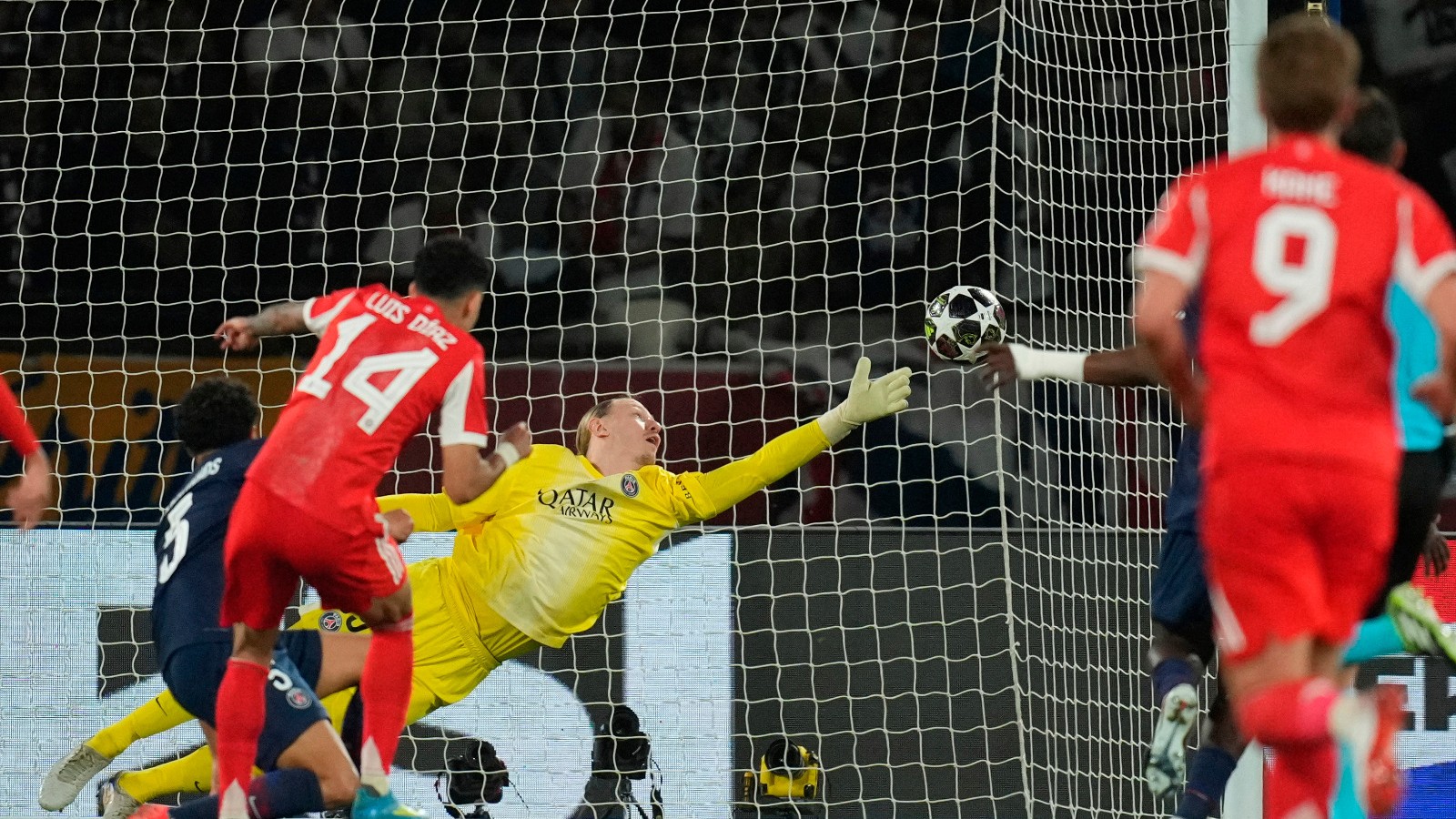Bayern's Luis Diaz scores his side's fourth goal against PSG's goalkeeper Matvey Safonov during the Champions League semifinal first leg soccer match between Paris Saint-Germain and Bayern Munich in Paris. - AP Photo