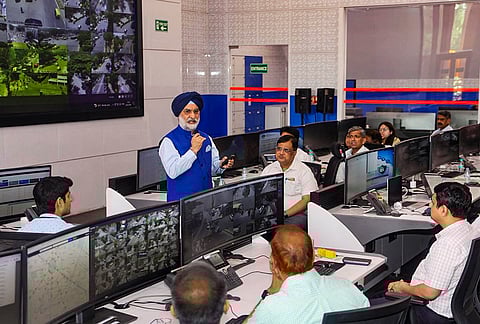 Delhi LG Taranjit Singh Sandhu conducts a review of the Summer Action Plan and ongoing heatwave mitigation measures during his visit to the Integrated Command and Control Centre (ICCC), at Palika Kendra, in New Delhi. 
