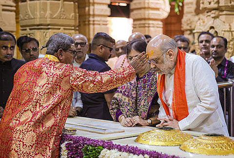 Union Home Minister Amit Shah offers prayers at Somnath Temple, in Veraval, Gir Somnath district, Gujarat. 