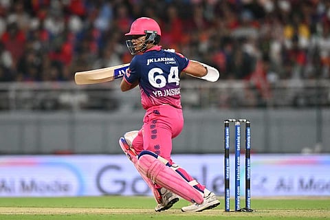 Rajasthan Royals' Yashasvi Jaiswal plays a shot during the Indian Premier League cricket match between Rajasthan Royals and Punjab Kings in New Chandigarh, India.