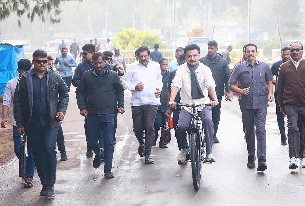 Kodaikanal: Tamil Nadu Chief Minister MK Stalin cycles near the Kodaikanal Lake, post the election campaigns for the state Assembly elections, at Kodaikanal, in Dindigul district. - | Photo: PTI