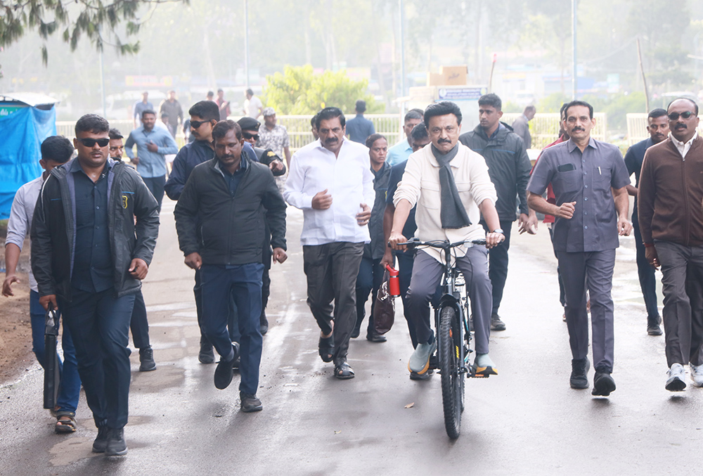 Kodaikanal: Tamil Nadu Chief Minister MK Stalin cycles near the Kodaikanal Lake, post the election campaigns for the state Assembly elections, at Kodaikanal, in Dindigul district. - | Photo: PTI