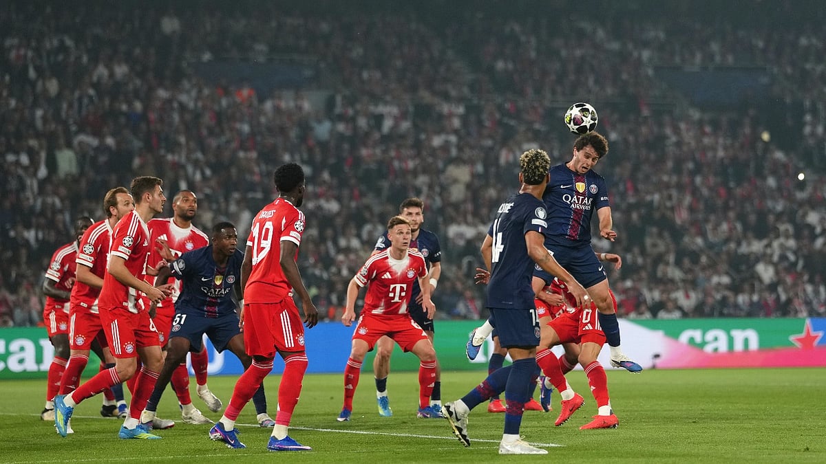 PSG's Joao Neves, right, scores his side's second goal during a Champions League semifinal, first leg, soccer match between Paris Saint-Germain and Bayern Munich in Paris. - AP Photo