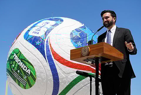 New York City Mayor Zohran Mamdani speaks in front of a large soccer ball during a news conference in the Staten Island borough of New York.