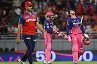 | Photo: AP  : Rajasthan Royals' Donovan Ferreira, right, and Rajasthan Royals' Shubham Dubey, second from left, celebrates after they won the Indian Premier League cricket match against Punjab Kings in New Chandigarh, India.