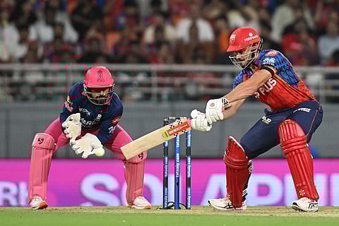 Punjab Kings' Marcus Stoinis plays a shot during the Indian Premier League cricket match between Rajasthan Royals and Punjab Kings in New Chandigarh, India.