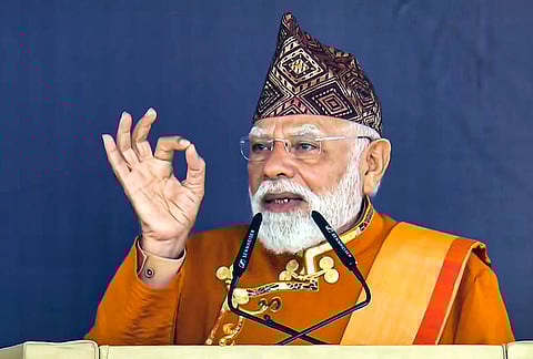 Prime Minister Narendra Modi addresses the closing ceremony of Sikkim's 50th year of statehood celebrations, at Paljor Stadium in Gangtok, Sikkim. 