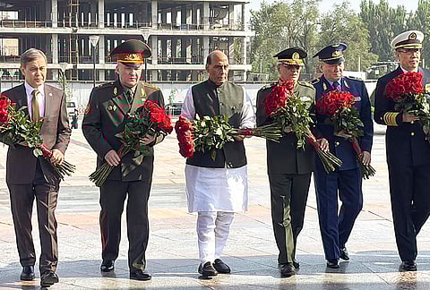 Defence Minister Rajnath Singh pays floral tribute at Victory Square during his visit to Bishkek to attend the Shanghai Cooperation Organisation (SCO) Defence Ministers’ Meeting, in Kyrgyzstan. 