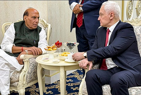 Defence Minister Rajnath Singh with his Russian counterpart Andrey Belousov during the SCO Defence Ministers’ meeting, in Bishkek, Kyrgyzstan. 