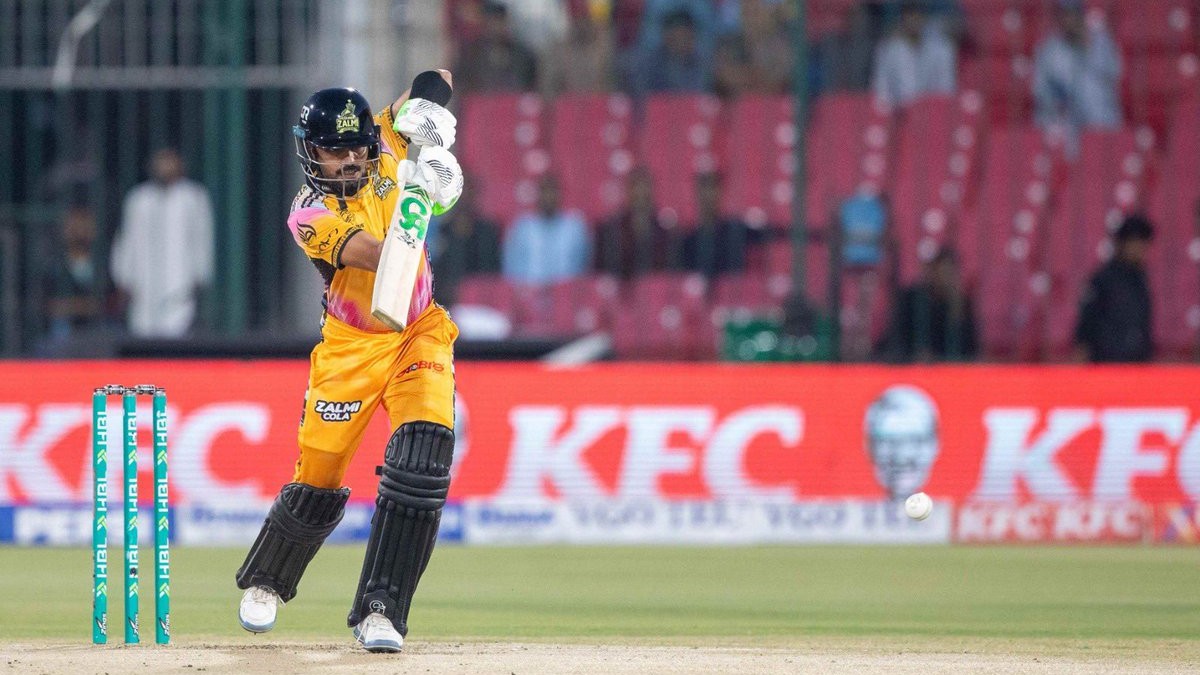 Babar Azam in action for Peshawar Zalmi against Islamabad United in PSL 2026 qualifier 1. - thepslt20