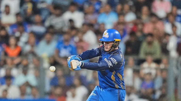 Ryan Rickelton plays a shot during the Indian Premier League match between Mumbai Indians and Sunrisers Hyderabad in Mumbai. - AP