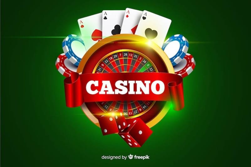 Casino banner with roulette, cards, and dice