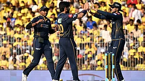 AP : Arshad Khan, centre, celebrates with captain Shubman Gill, right, the wicket of Shivam Dube during the Indian Premier League match between Chennai Super Kings and Gujarat Titans in Chennai.